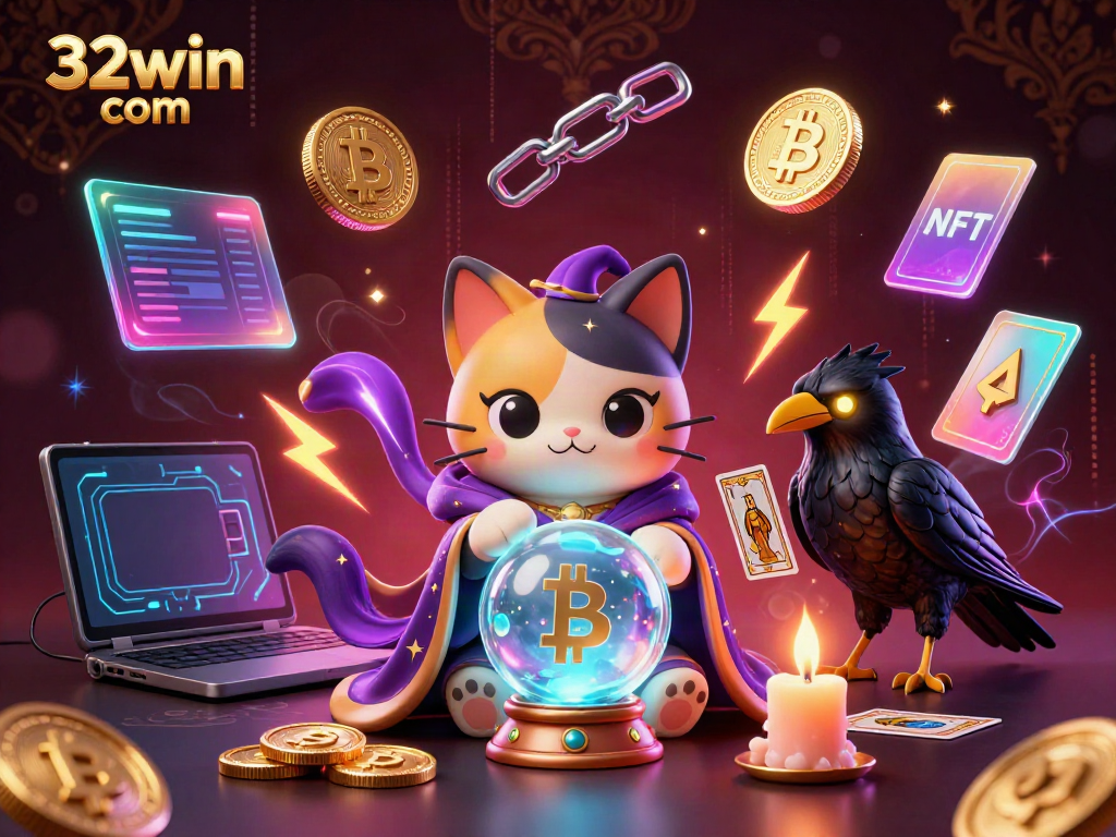 Experience thrilling gaming at 32win com with a mystical cat and tarot raven illustrating fortune.
