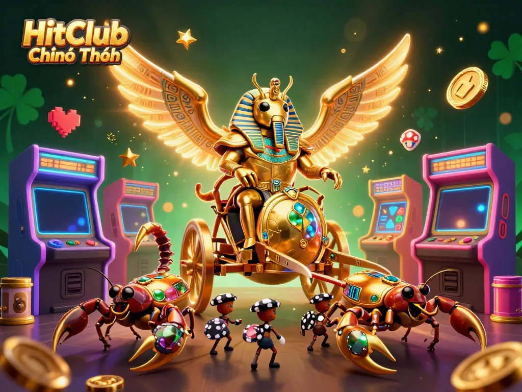Engage with HitClub Chính Thức as a golden scarab beetle and scorpions showcase thrilling casino games.