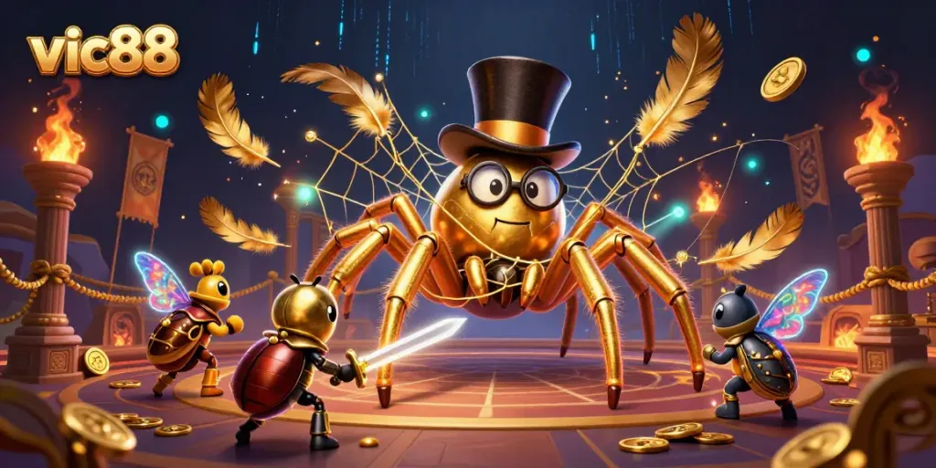 Experience vic88 in a vibrant 3D casino world filled with golden elements and thrilling characters.