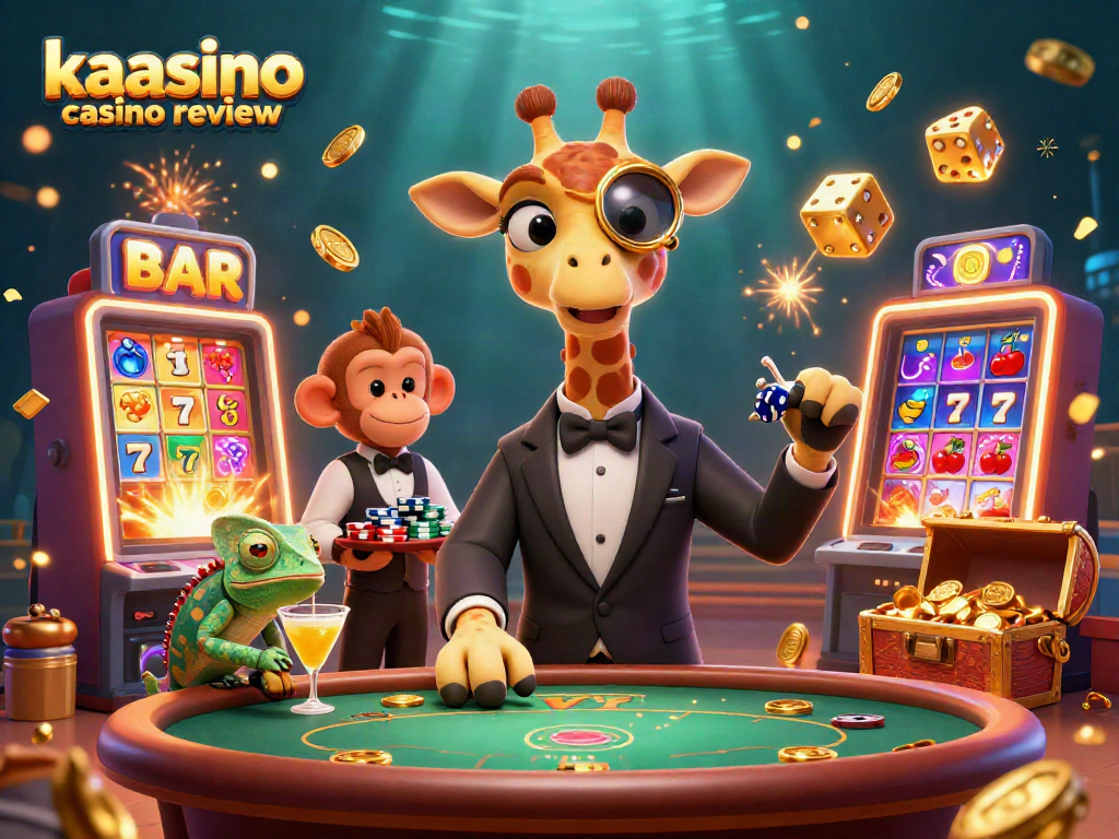 Kaasino casino review showcasing a vivid illustration of a giraffe playing poker amidst vibrant casino elements and rich decorations.