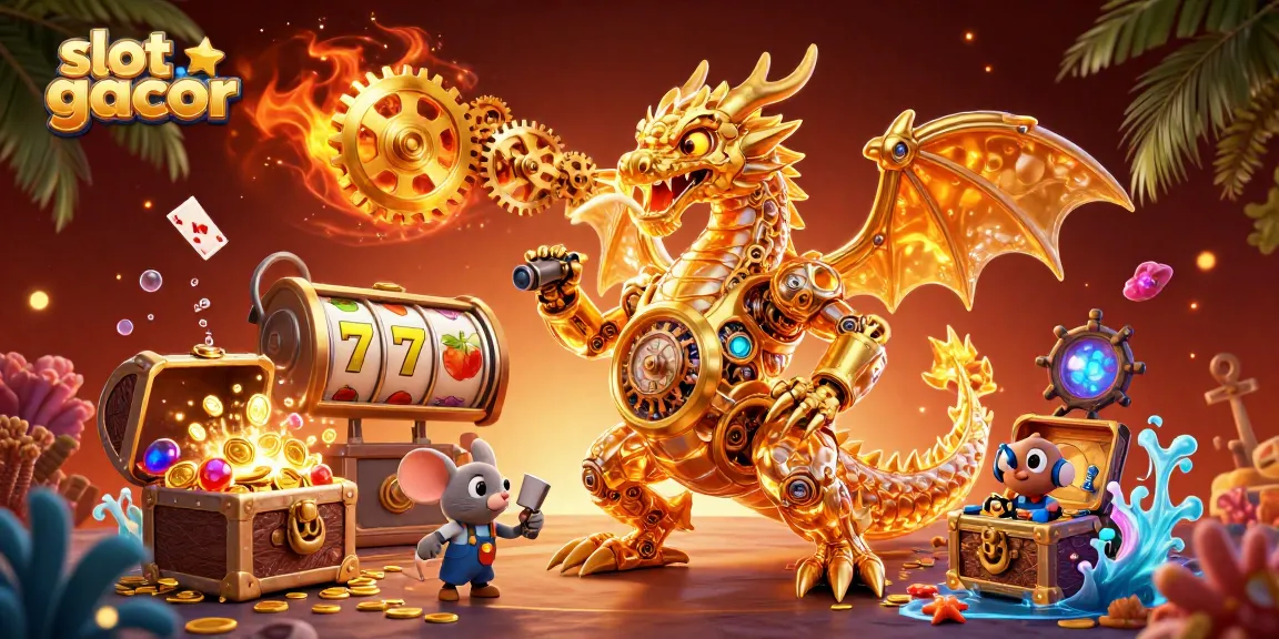 Experience the thrill of slot gacor action with dynamic 3D illustration featuring golden dragon and treasure.