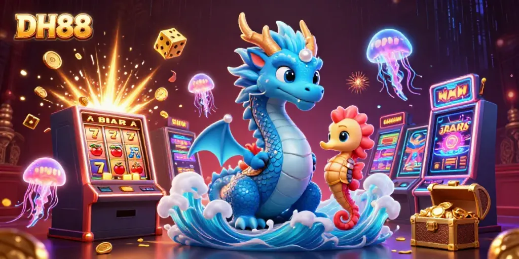 Experience the thrill of DH88 with exciting slots, golden coins, and dynamic neon characters in an action-packed casino scene.