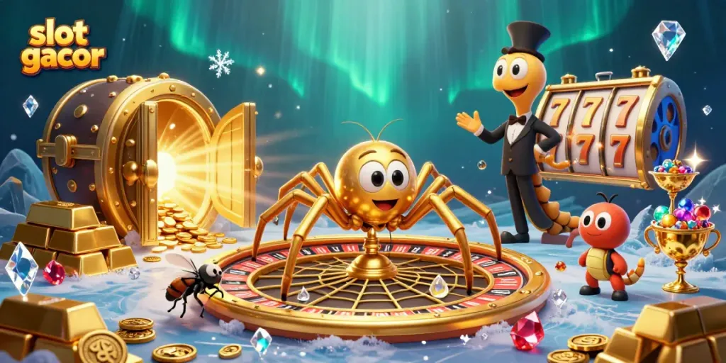 Experience the excitement of slot gacor with a vivid 3D illustration of a golden spider and colorful game elements.