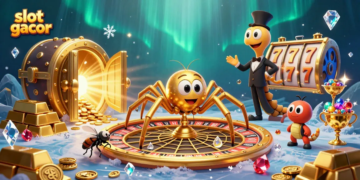 Experience the excitement of slot gacor with a vivid 3D illustration of a golden spider and colorful game elements.