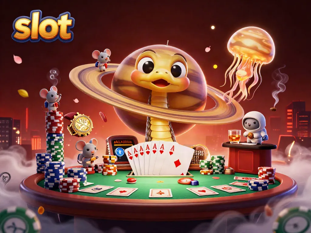 Spinning a cosmic slot machine with vibrant characters and poker elements in a casino-themed illustration.