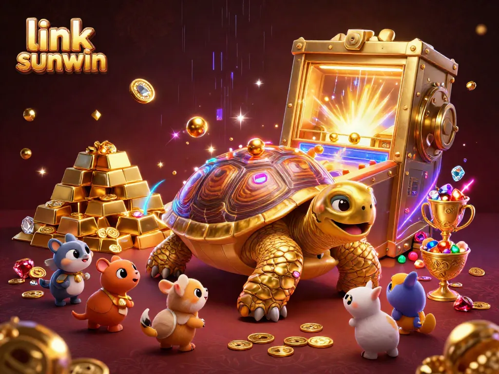 Engage with link sunwin at a vibrant casino scene featuring a golden tortoise pinball machine.