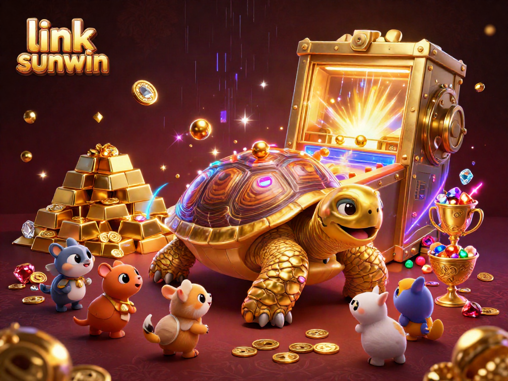 Engage with link sunwin at a vibrant casino scene featuring a golden tortoise pinball machine.