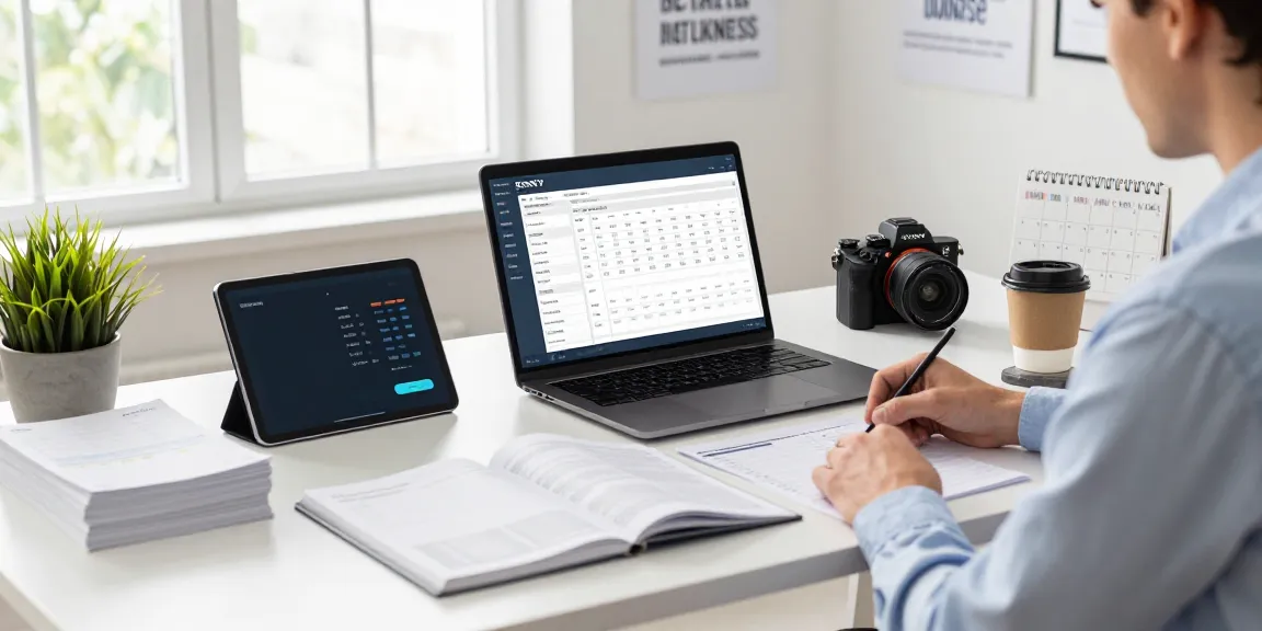 Werknemer aan het bureau met gratis boekhoudprogramma zzp software en facturen in een moderne kantooromgeving.