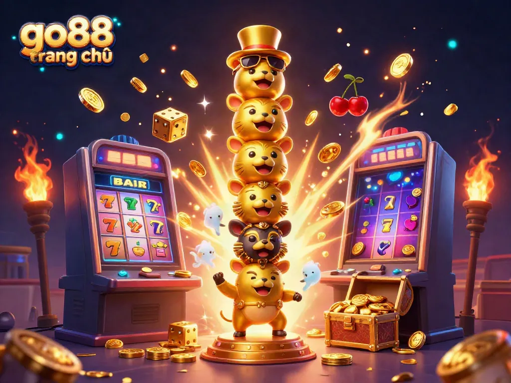Experience the excitement of go88 trang chủ with dynamic casino illustrations featuring a golden totem, jackpot slots, and vibrant game elements.