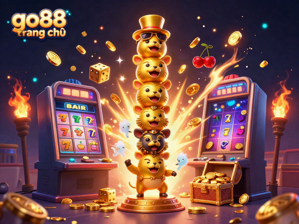 Experience the excitement of go88 trang chủ with dynamic casino illustrations featuring a golden totem, jackpot slots, and vibrant game elements.