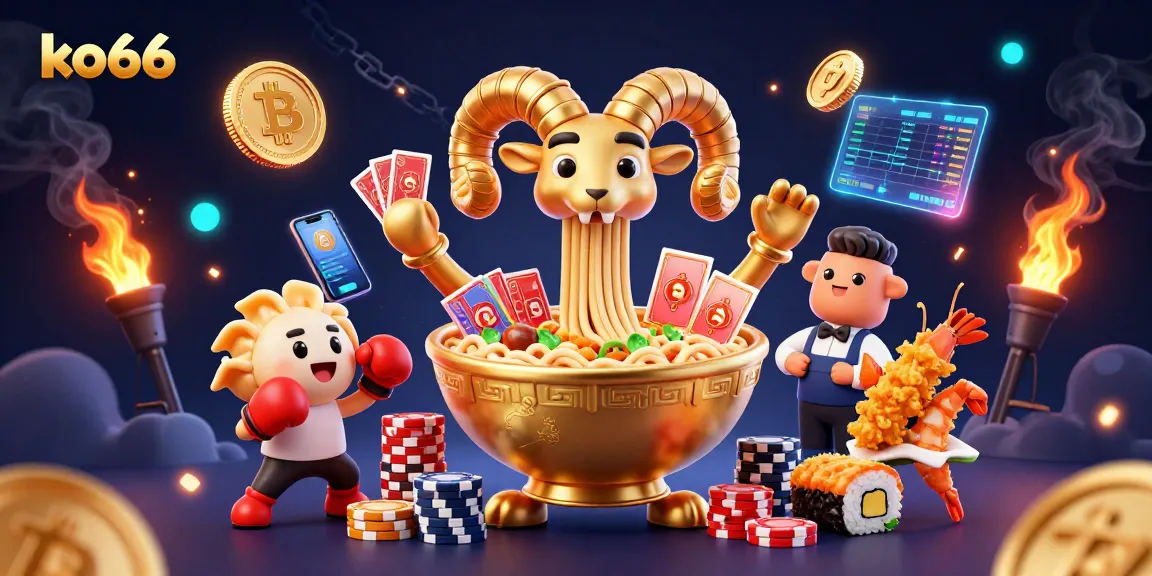 Join the excitement with ko66 as a golden ramen bowl dealer showcases vibrant gameplay in this 3D casino illustration.