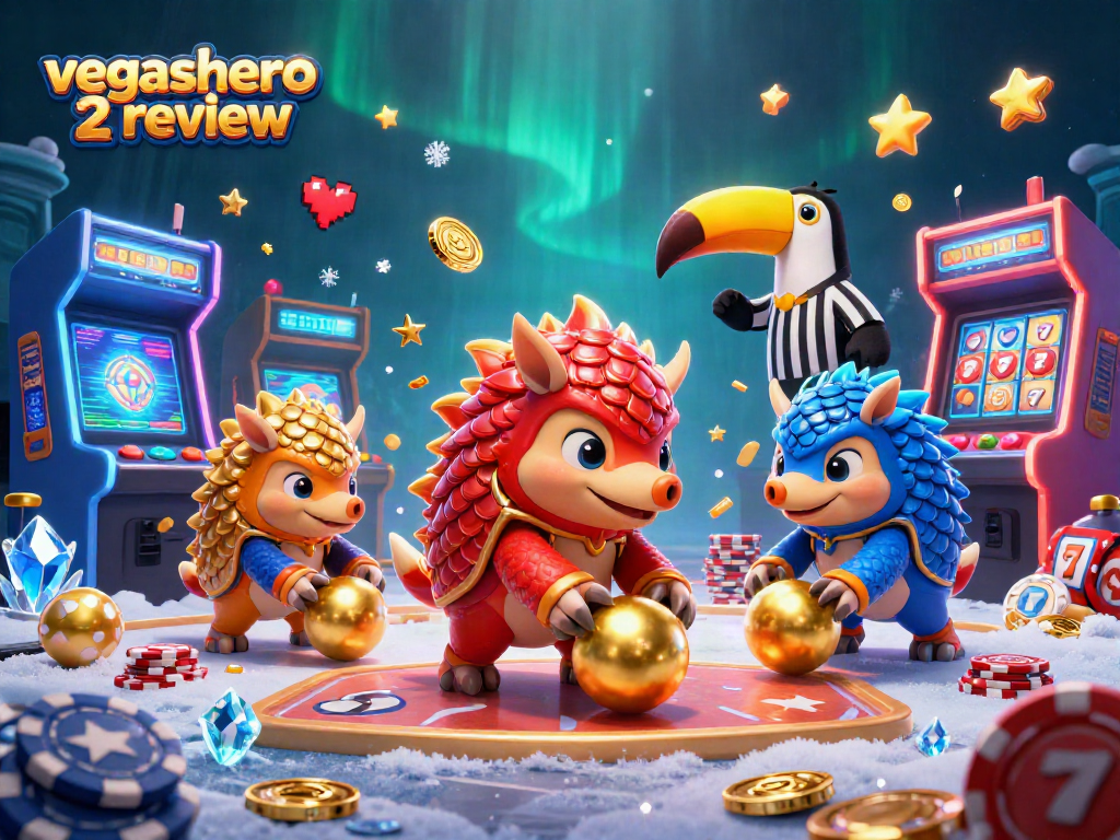 Experience the excitement of vegashero 2 review with dynamic pangolins bowling through poker chips and slot elements.