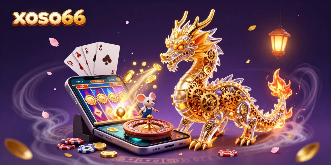 Spin the reels at xoso66 while witnessing a golden dragon breathing gears and cogs amidst vibrant casino elements.