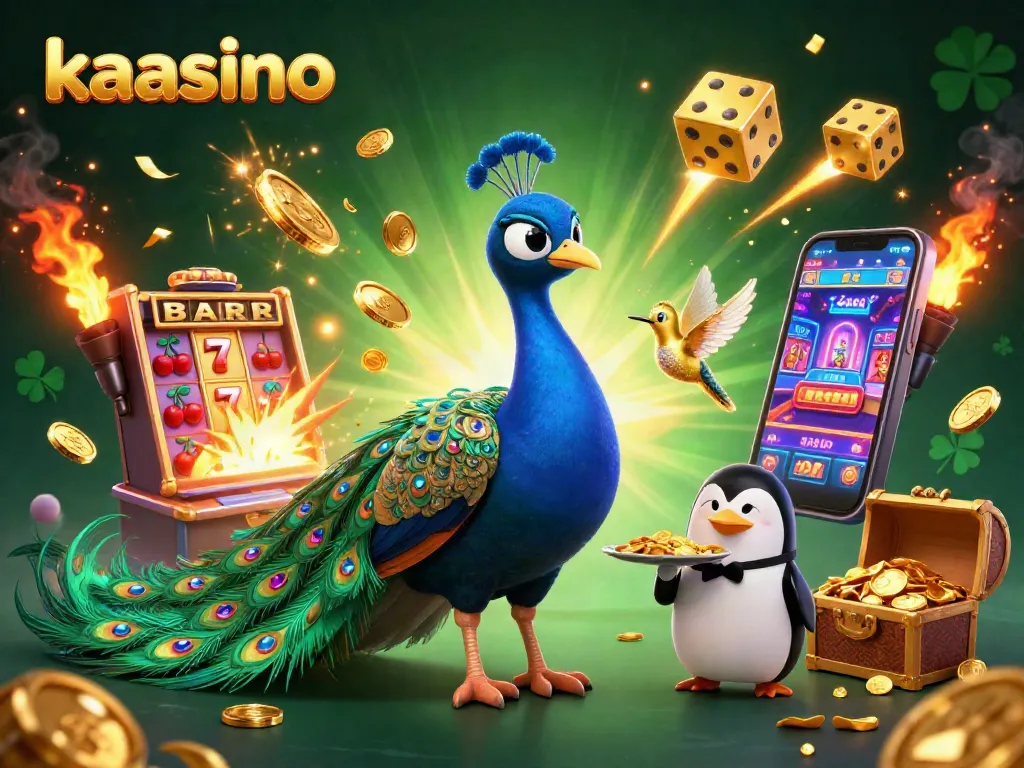 Kaasino showcases a vibrant 3D scene of a peacock and penguin amid a jackpot explosion, capturing the thrill of online gaming.