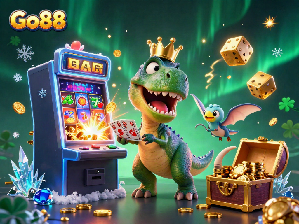 Go88 gaming scene featuring a T-Rex card dealer and friends amidst jackpot symbols.