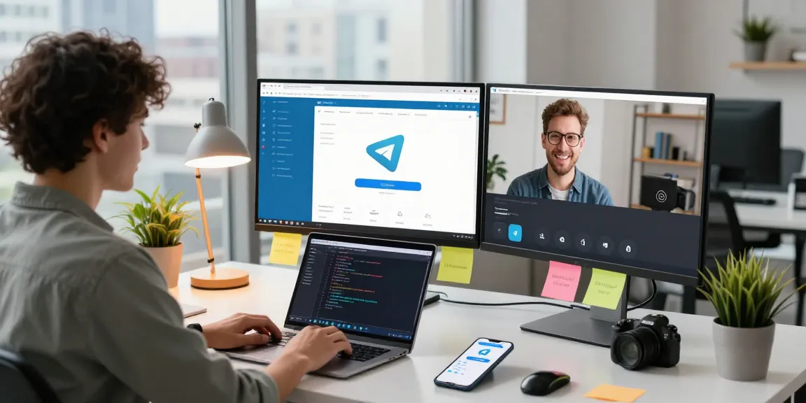Engaged software developer effectively using Telegram Web Version in a vibrant tech workspace.