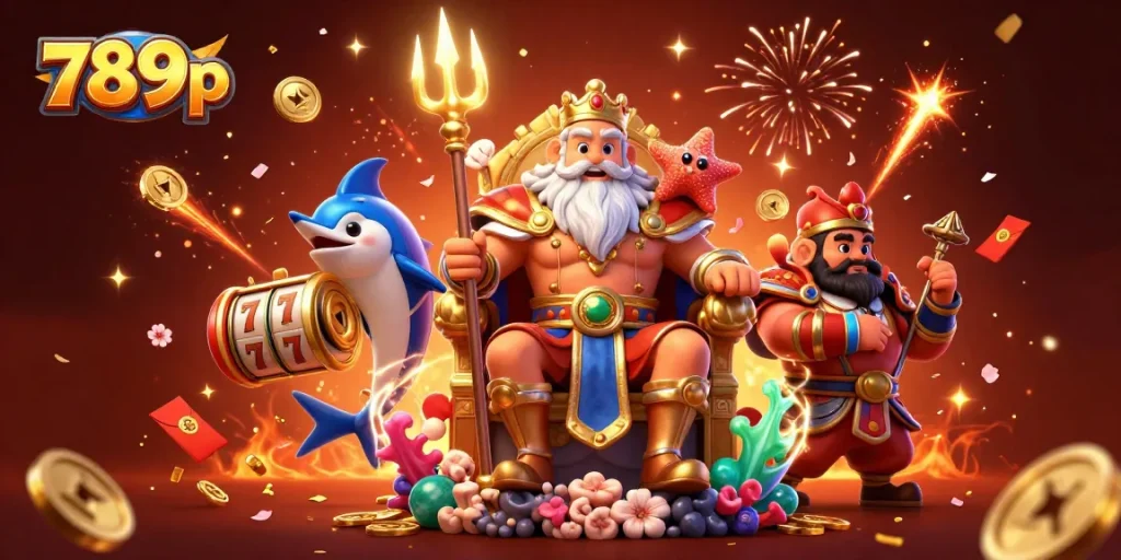 Experience thrilling slots and gaming at 789p with celebrating characters in a vibrant 3D casino scene.