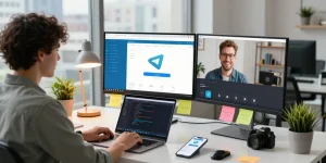 Engaged software developer effectively using Telegram Web Version in a vibrant tech workspace.