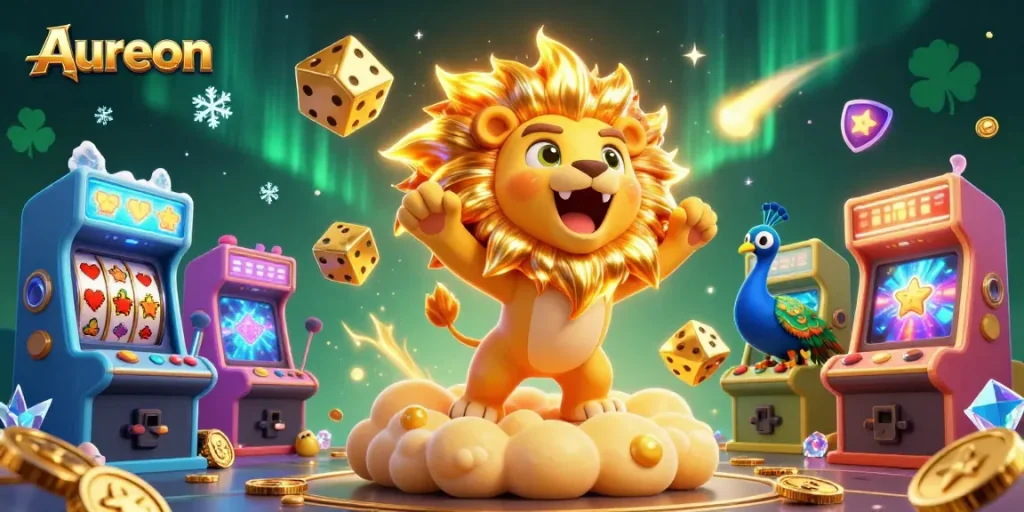 Aureon enhances gaming excitement with golden dice and vibrant arcade elements in a rich casino scene.
