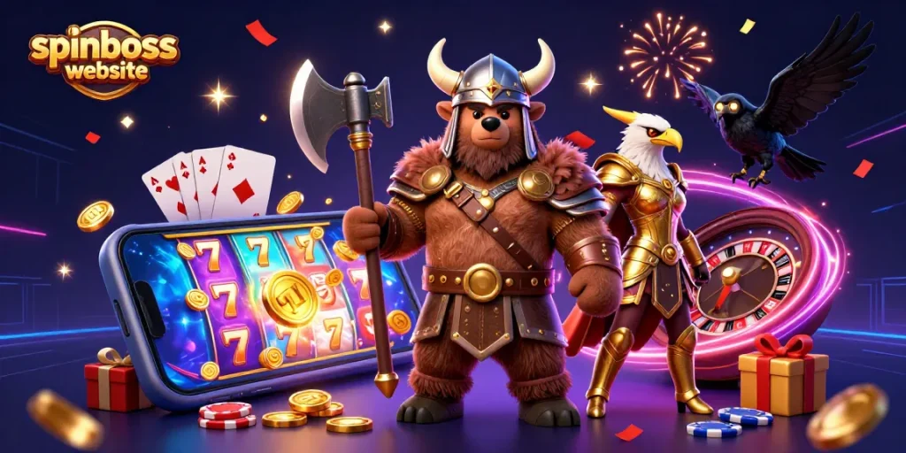 Spinning slots and jackpot excitement at the spinboss website featuring a Viking bear and Valkyrie eagle.