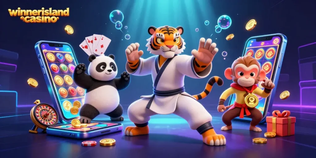 Experience the excitement of winnerislandcasino with a vibrant 3D scene featuring playful characters amidst casino elements.