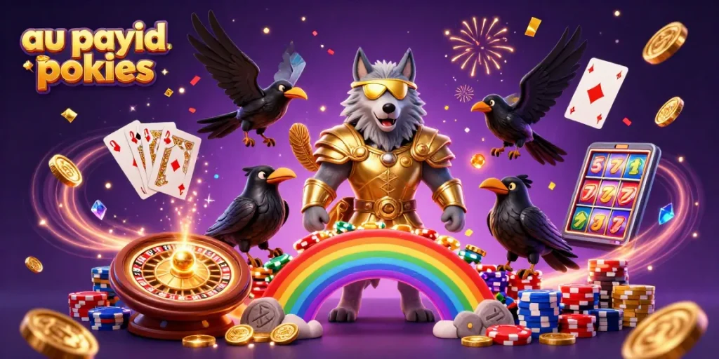Play exciting au payid pokies with vibrant casino elements and festive atmosphere.