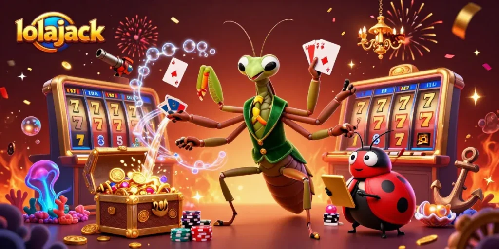 Experience exciting gaming action at lolajack with vibrant slots, festive characters, and sparkling casino elements.