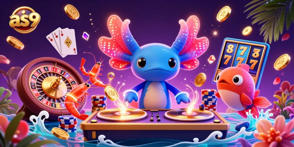 Experience vibrant gaming with as9’s colorful axolotl DJ and playful sea creatures in 3D casino illustration.
