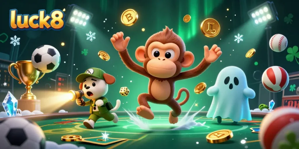 Experience the excitement of luck8 with a playful poltergeist monkey and a ghost-hunter puppy in a vibrant casino.