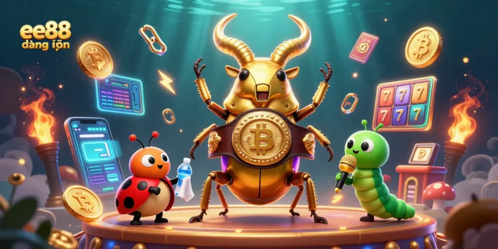 Engage with ee88 đăng nhập in an electrifying casino scene featuring a boxing stag beetle and crypto elements
