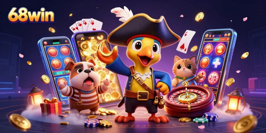 Join the 68win adventure in a vibrant casino scene with cartoon characters and exciting game elements.