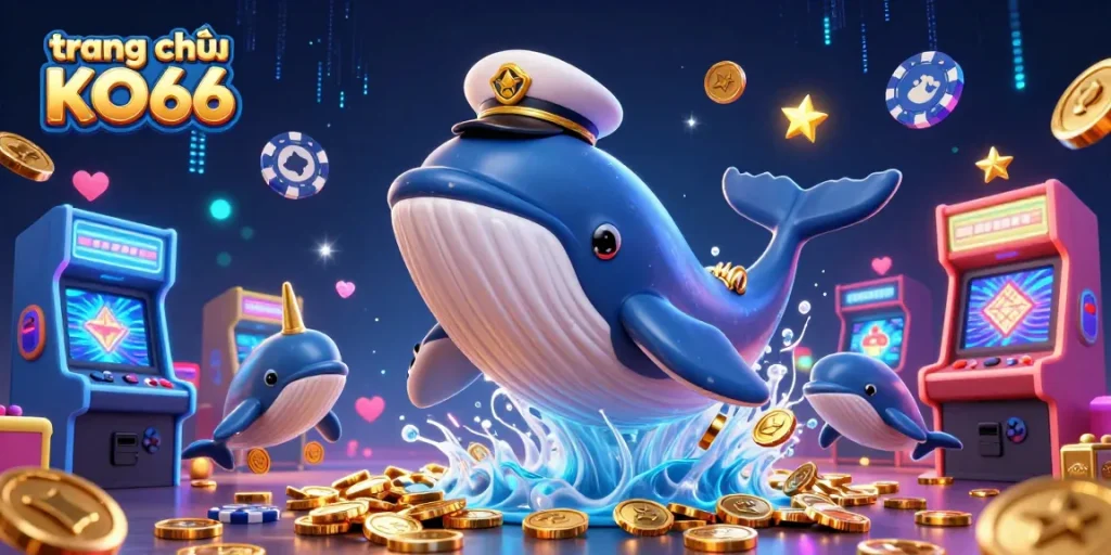 Engage with vibrant gaming elements on the trang chủ KO66 as a cartoon whale and dolphins illuminate the scene.