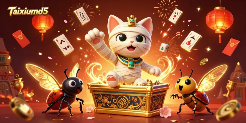 Experience excitement at Taixiumd5 with an Egyptian mummy cat and dazzling casino elements.