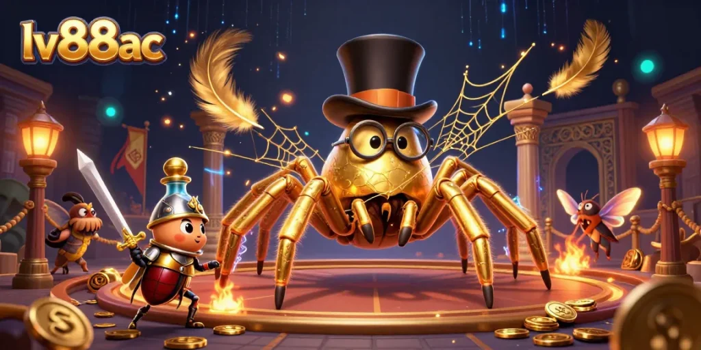 Engage in thrilling gameplay at lv88ac with a golden tarantula and beetle knight amid casino pillars.