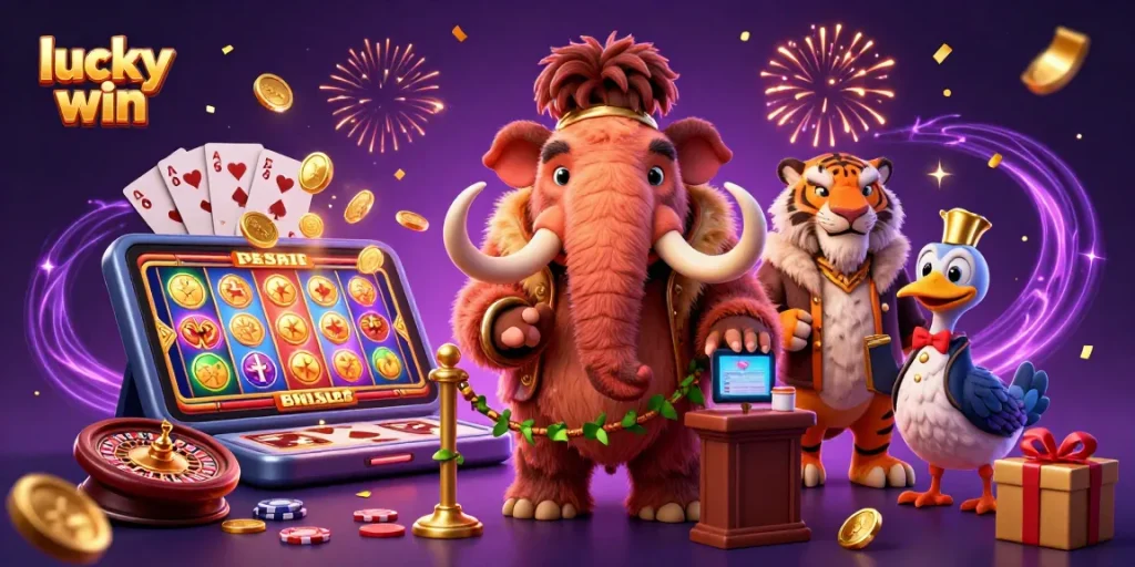 Engaging illustration of lucky win with a woolly mammoth casino bouncer and festive slot game elements.