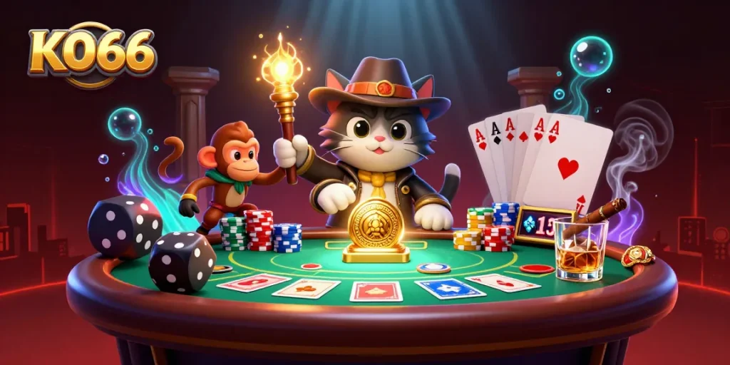 Engage with KO66 through thrilling casino adventures featuring a cat explorer and monkey in a vibrant casino scene.