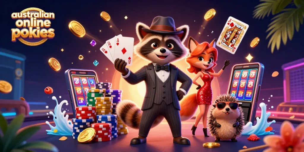 Spin and win at australian online pokies with a raccoon gamer showcasing a royal flush hand.