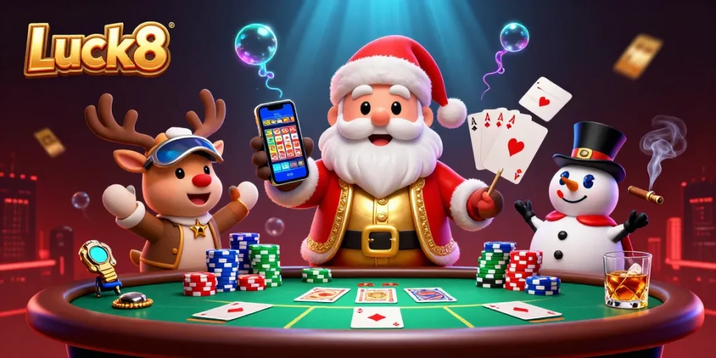 Experience exciting gaming at Luck8 with a festive casino scene featuring engaging characters and vibrant elements.