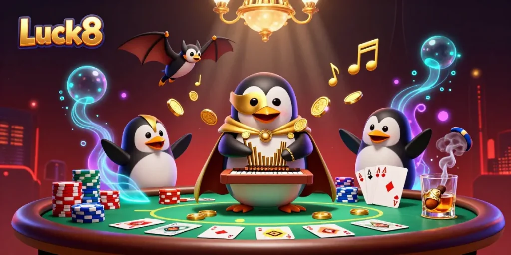 Luck8 showcases a thrilling casino scene with vibrant poker elements and captivating 3D characters.