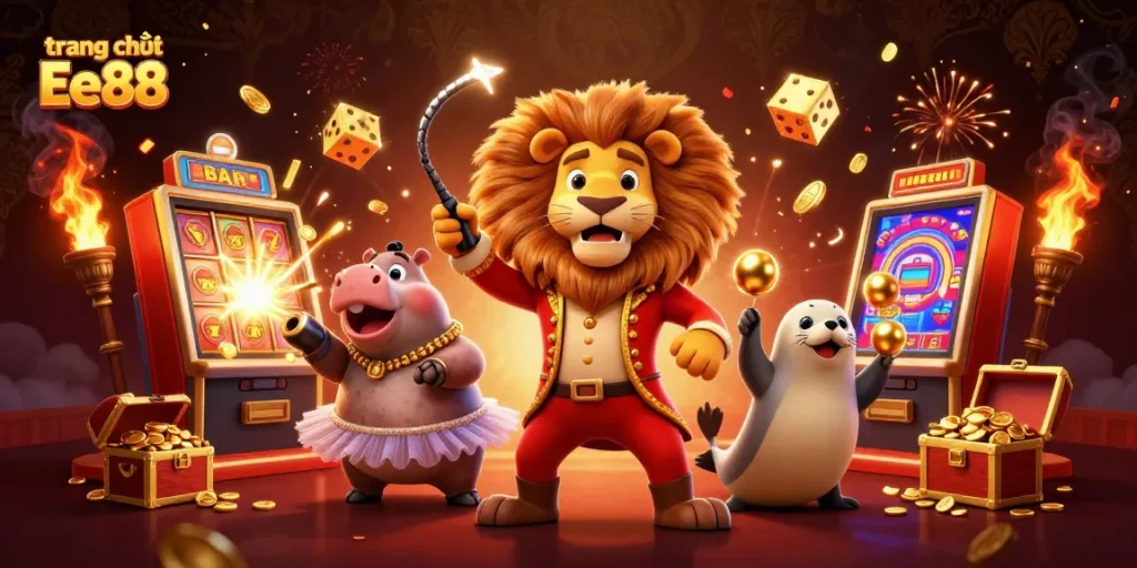 Experience thrills at trang chủ Ee88 with a vibrant circus-themed casino scene bursting with excitement.